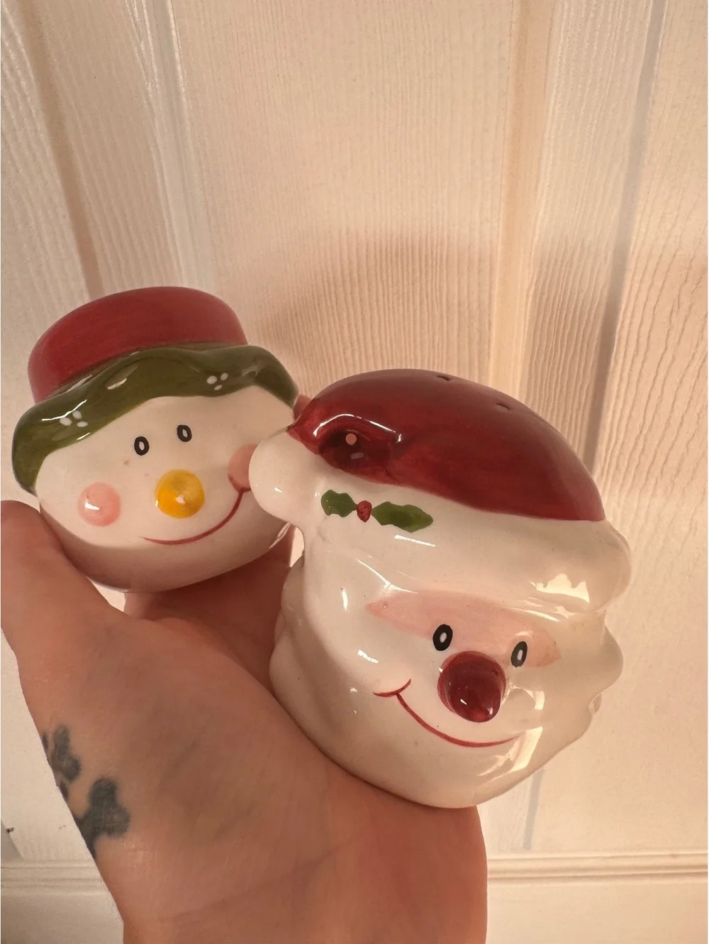 Ceramic Santa Claus and Mrs. Claus Snowman Salt and Pepper Shakers
